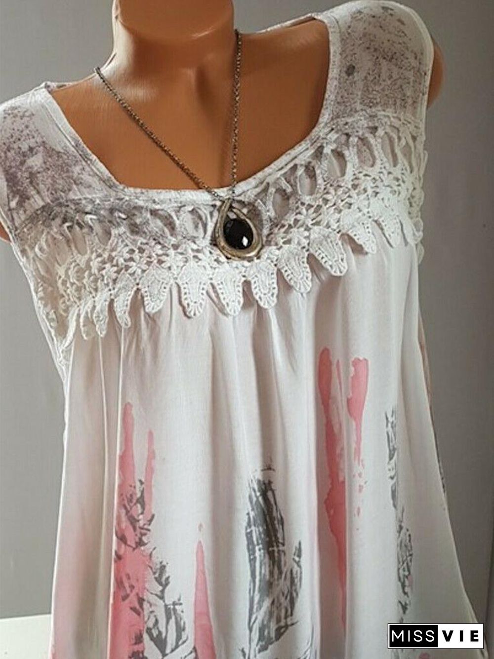 Women Sleeveless Printed Square Neck Lace Tops
