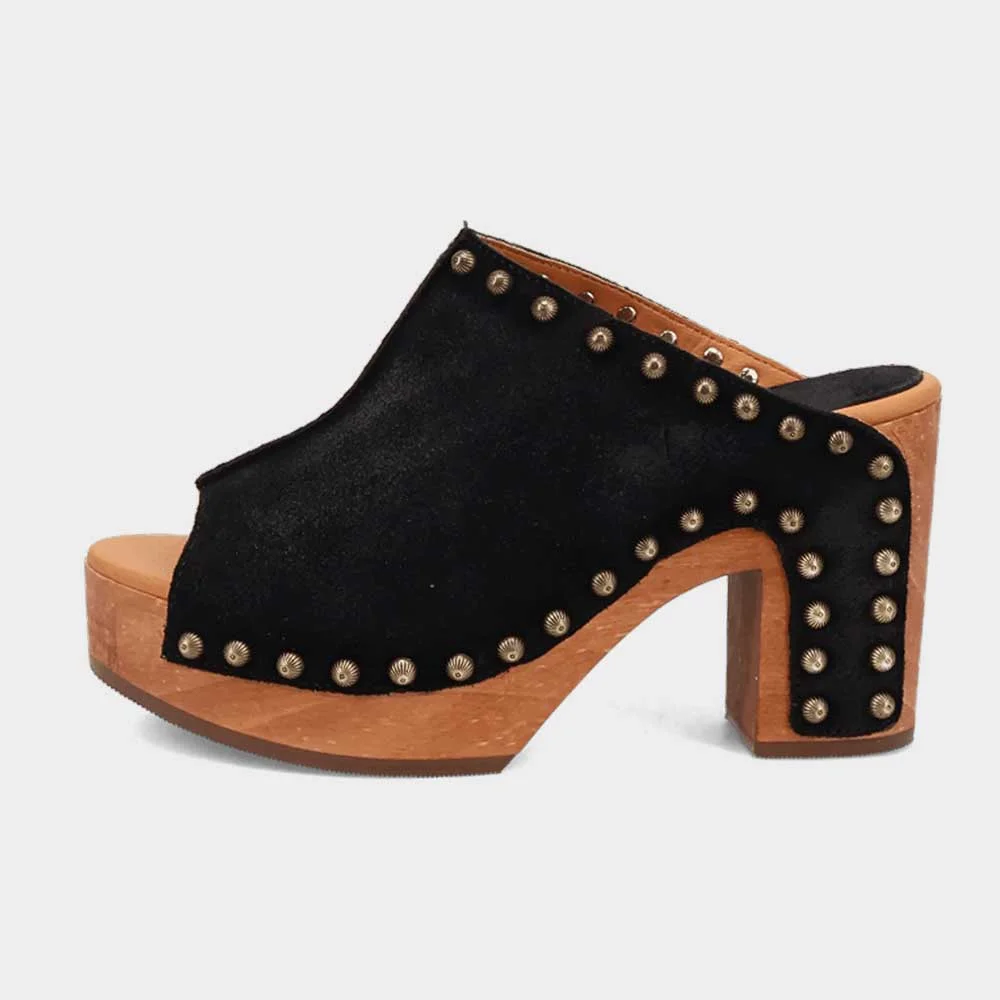 Black Peep Toe Block Heel Studded Clogs Platform Mules Sandals