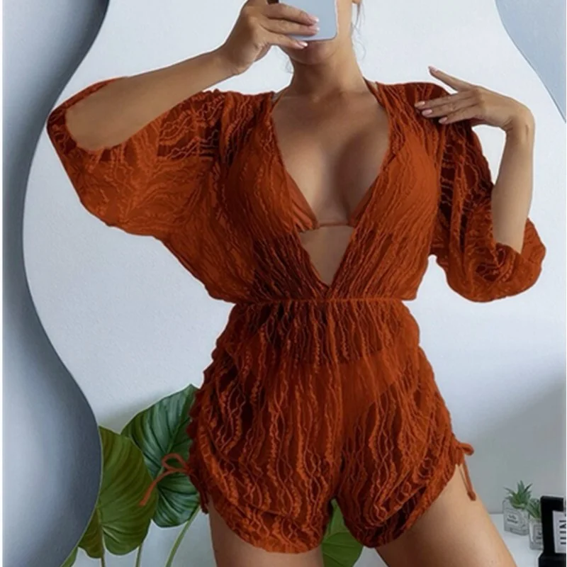 Wongn Wongn Long Sleeve Mesh Harness Waist One-Piece Swimsuit High Waist Print Drawn Rope Three-Piece Bikini