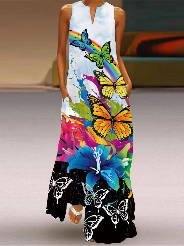 Women's Sleeveless V-neck Floral Printed Maxi Dress