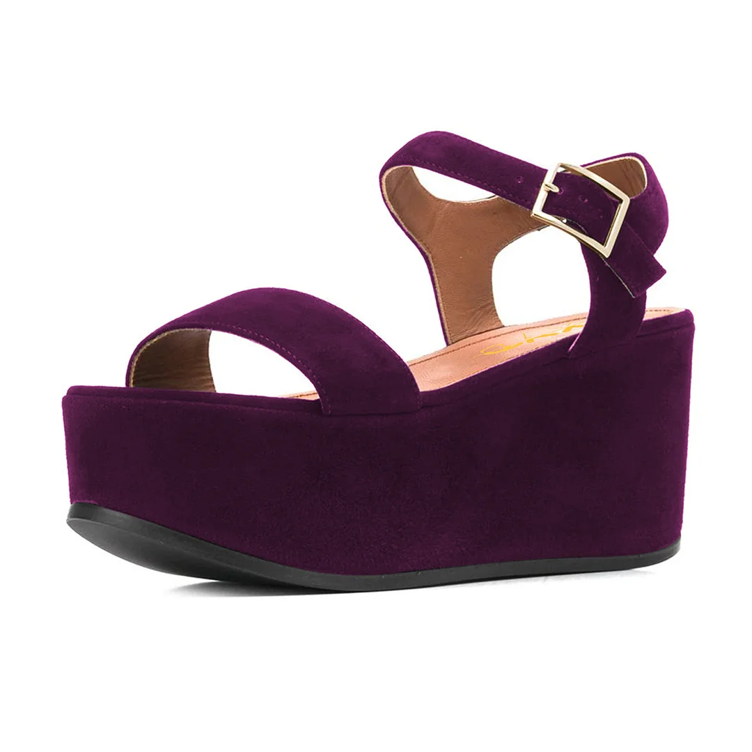 Purple Suede Opened Toe Strappy Platform Sandals With Wedge Heels Nicepairs