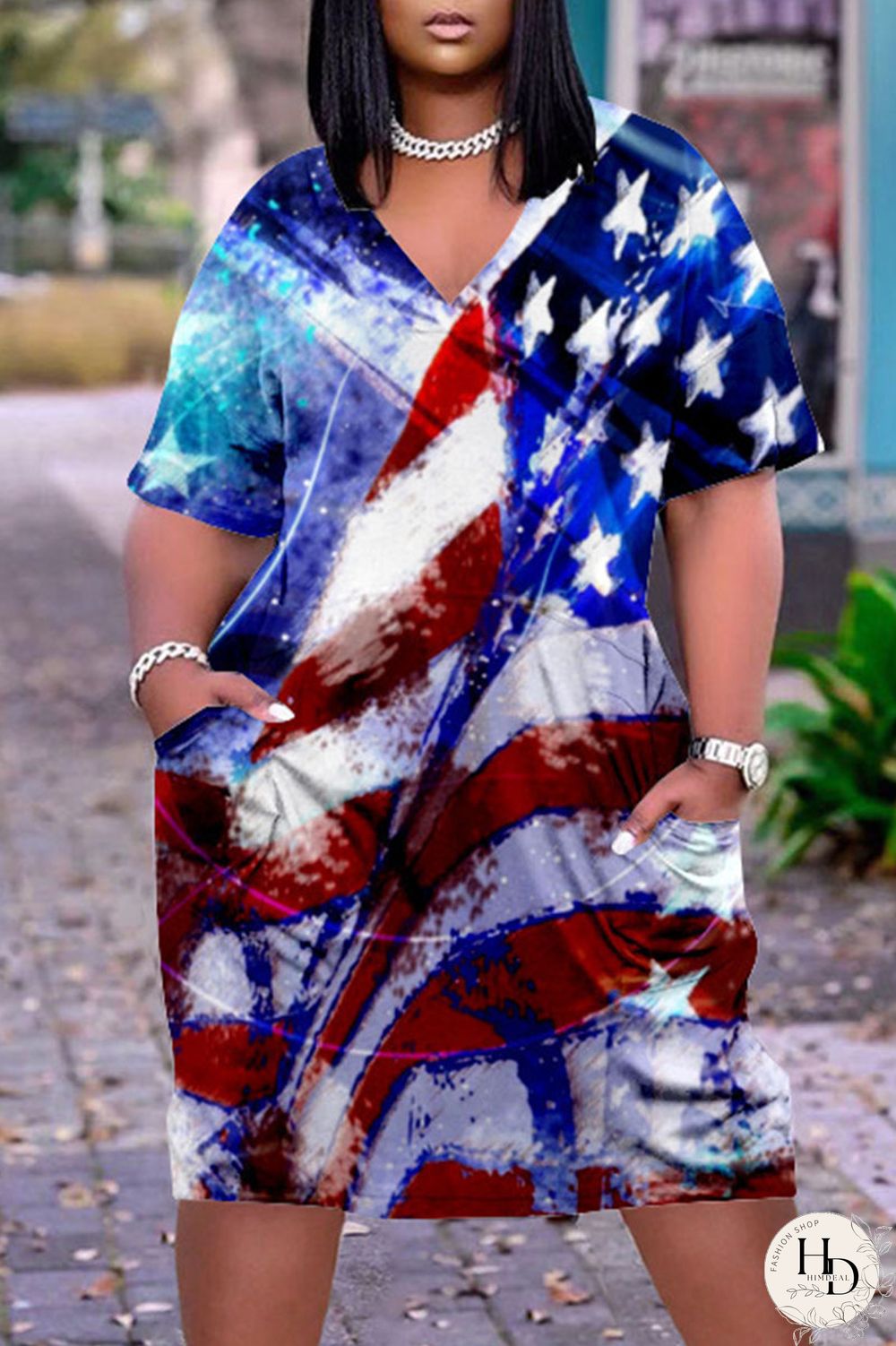 White Blue Red Casual Print Patchwork V Neck Dresses