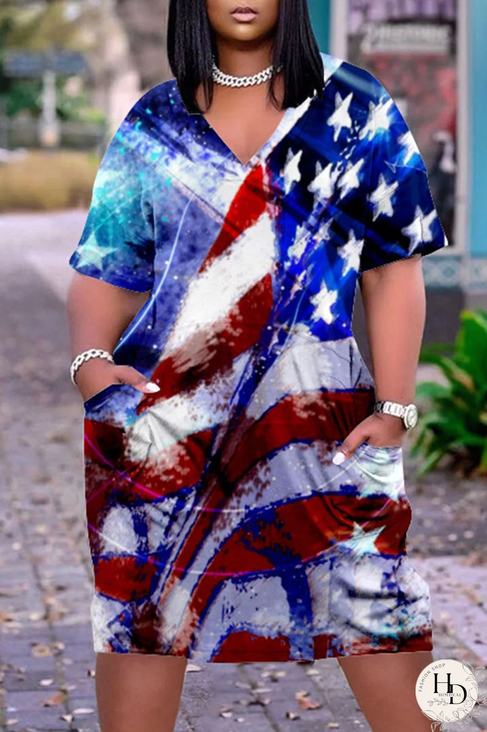 White Blue Red Casual Print Patchwork V Neck Dresses