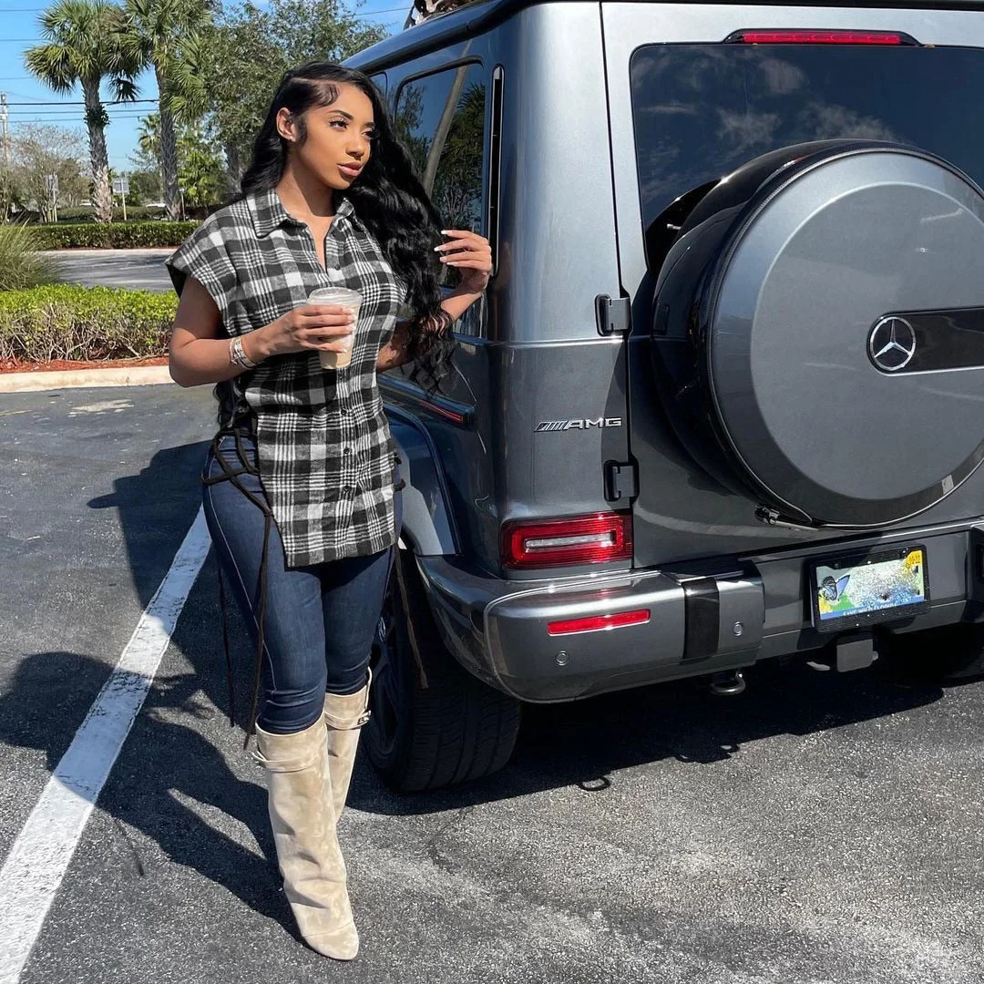 CM.YAYA Women Plaid Lace Up Side Hollow Out Sexy Shirts Tops Elegant Streetwear Fashion Single Breasted Turn-down Neck Blouses