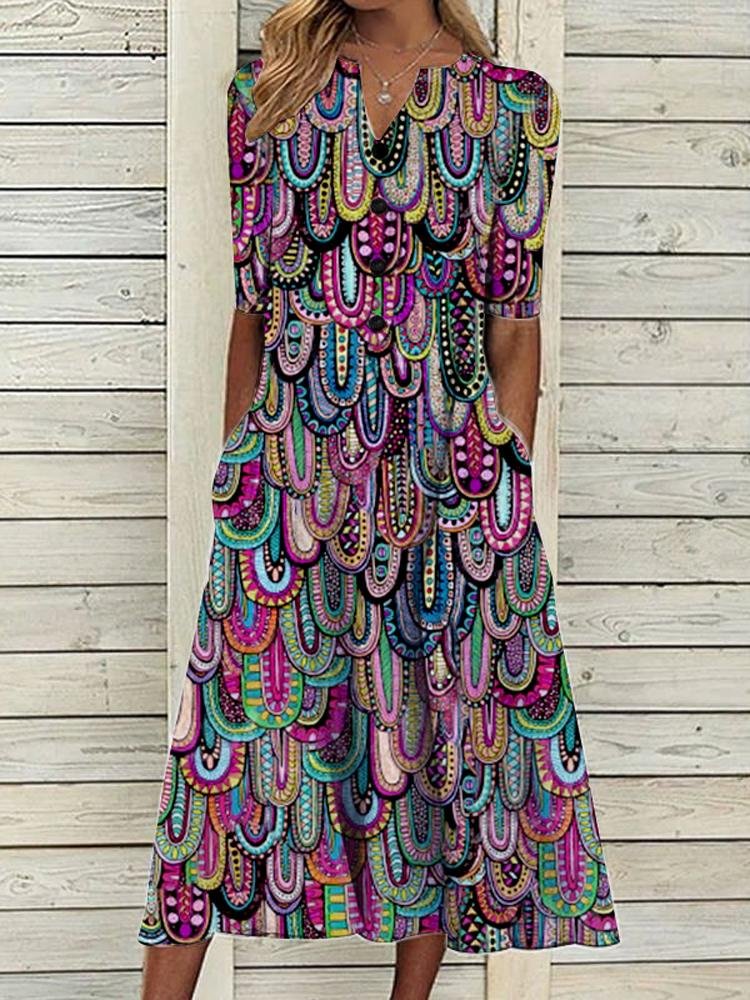 Women's New Vintage Style Colourful Printed V-neck Midi Dress