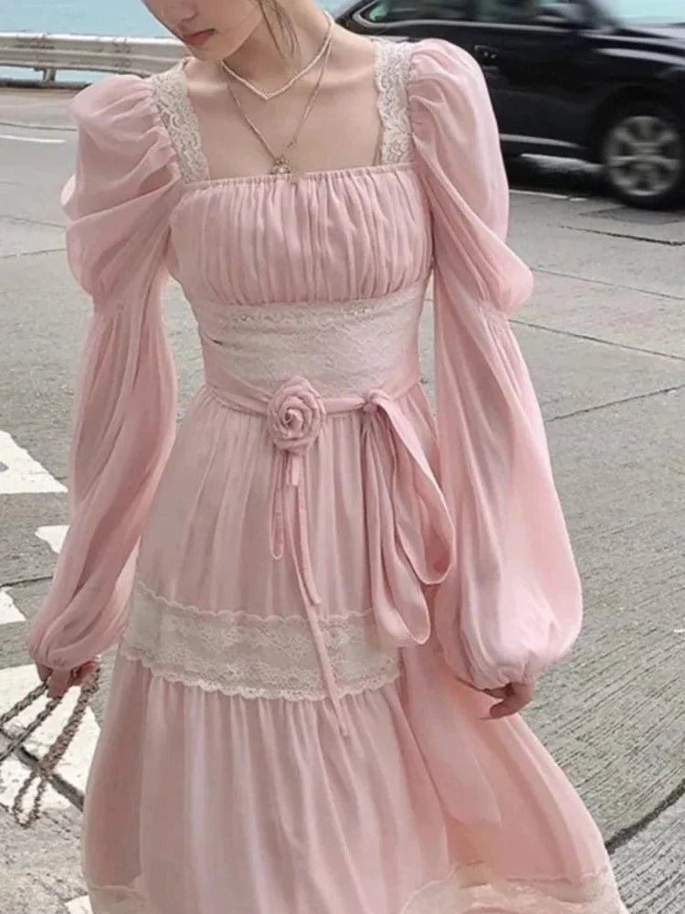 Aiertu - Regency Era Rose Millefuille Tartlette and Lace Pink Dress Kawaii Academia Y2K Cottagecore Coquette Fairycore Dollette Princesscore Aiertu