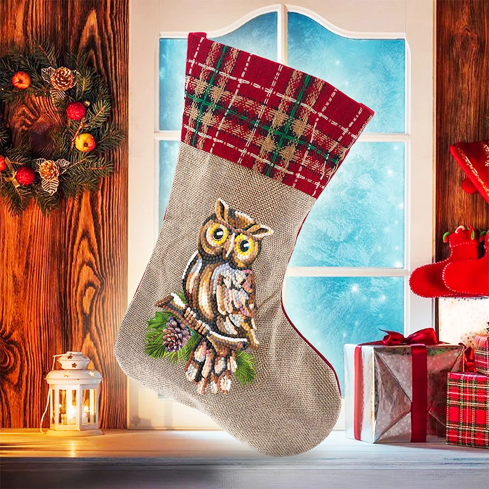 DIY Owl Christmas Socks Decor DIY Diamond Art Kits for Family Party Decoration(20*35cm)