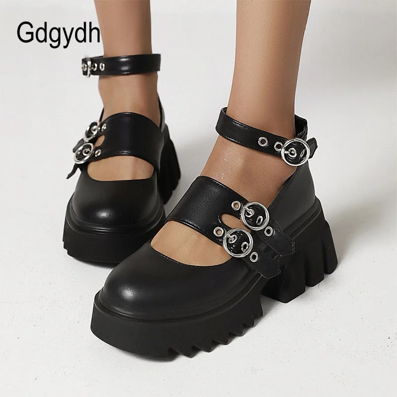 Gdgydh Fashion Buckle Chunky Gothic Platform Shoes Women Black Patent Leather Brand Design Fetish Pumps High Quality Footwear