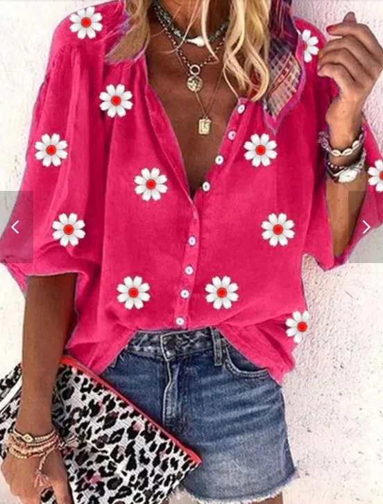 Women's - Casual Daisy Loose V neck Three Quarter Peasant Blouse