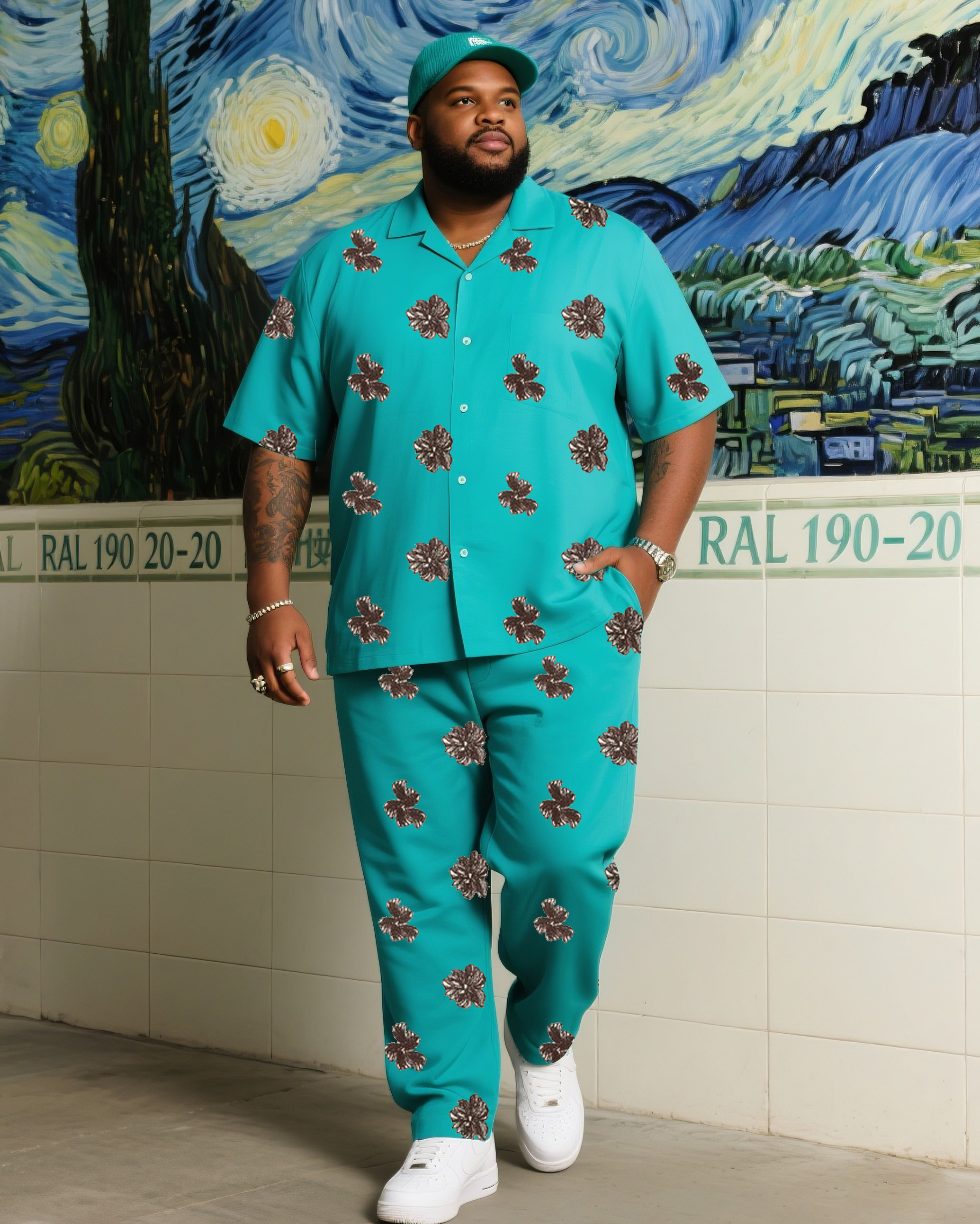 Big Boy Summer Light Blue Retro Creative Printed Short Sleeve Shirt Trousers Suit