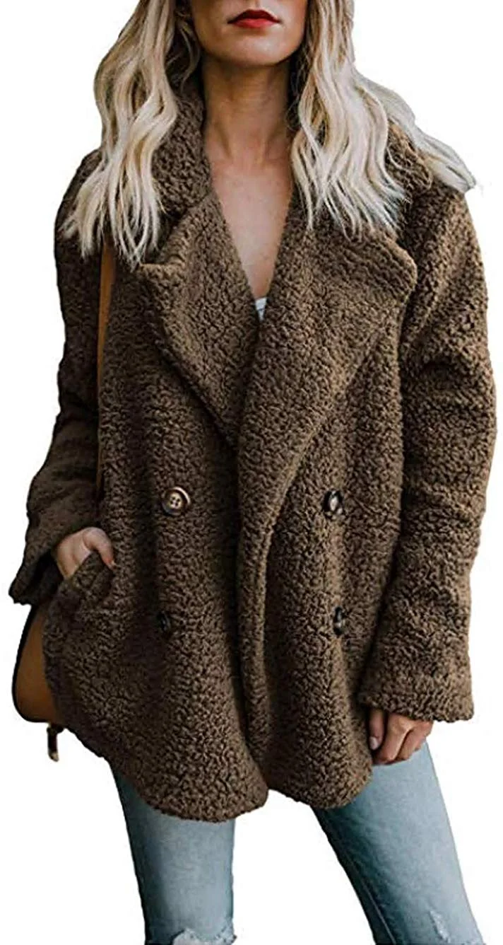 Women's Winter Warm Open Front Fleece Fluffy Jacket Coat Outwear with Pockets