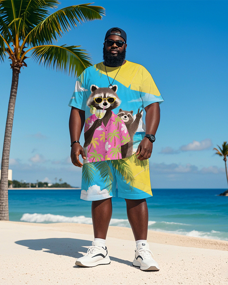 Men's Plus Size Hawaiian Blue Raccoon Drinking Cocktail Bier Printed Short Sleeve T-Shirt Shorts Suit