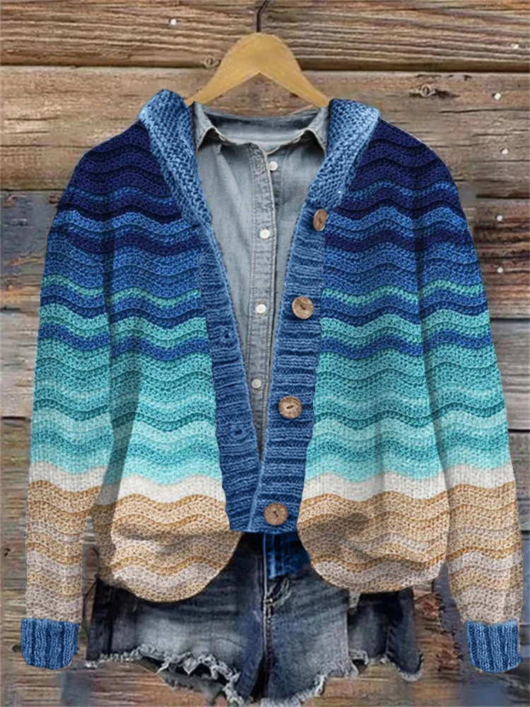 Beach Sea Waves Inspired Knit Hooded Cardigan