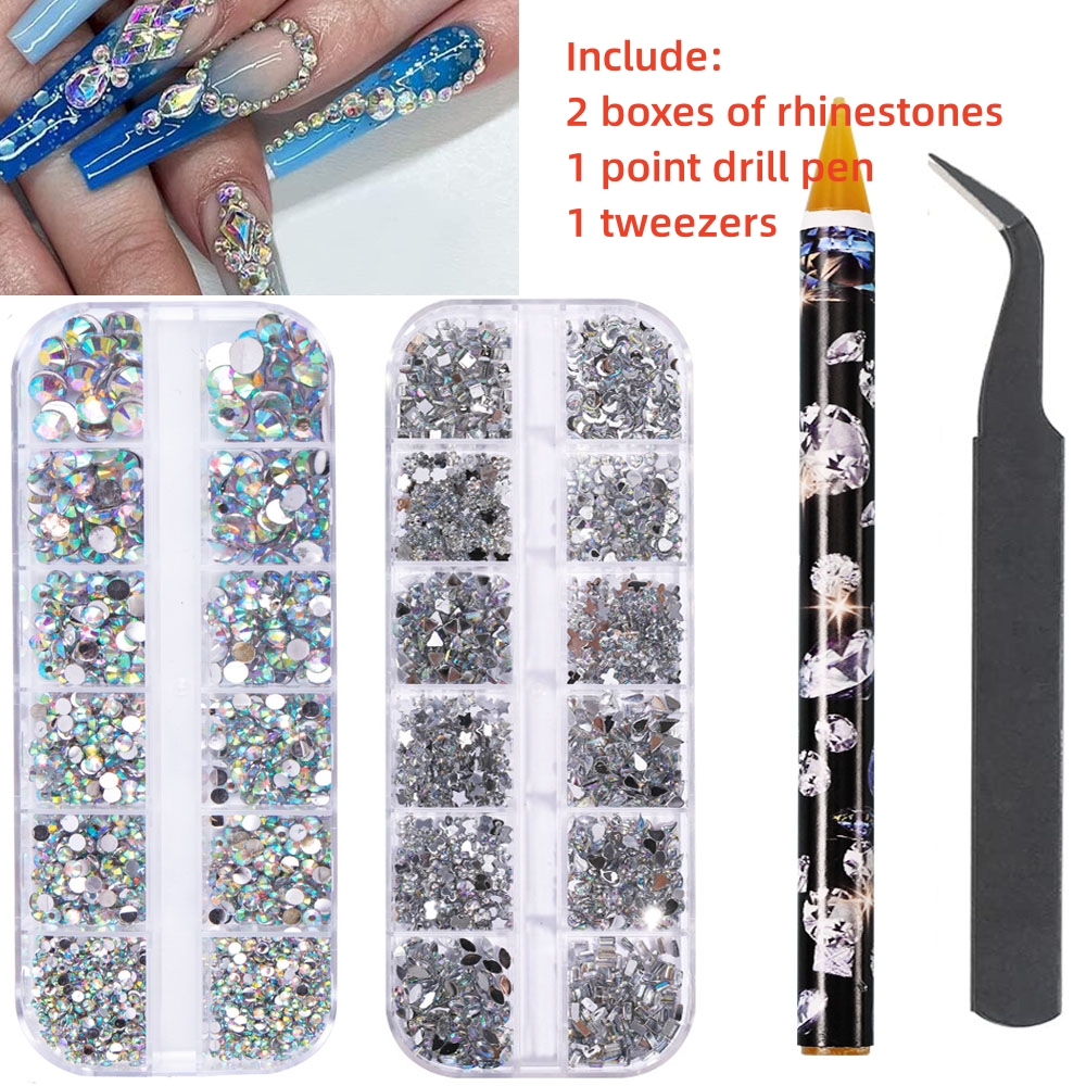 Multi-Size Nail Rhinestones Kit 3D Crystal AB DIY Nail Art Decors Diamond Gems Glitter Manicure Point Drill Pen Tweezers Tools #