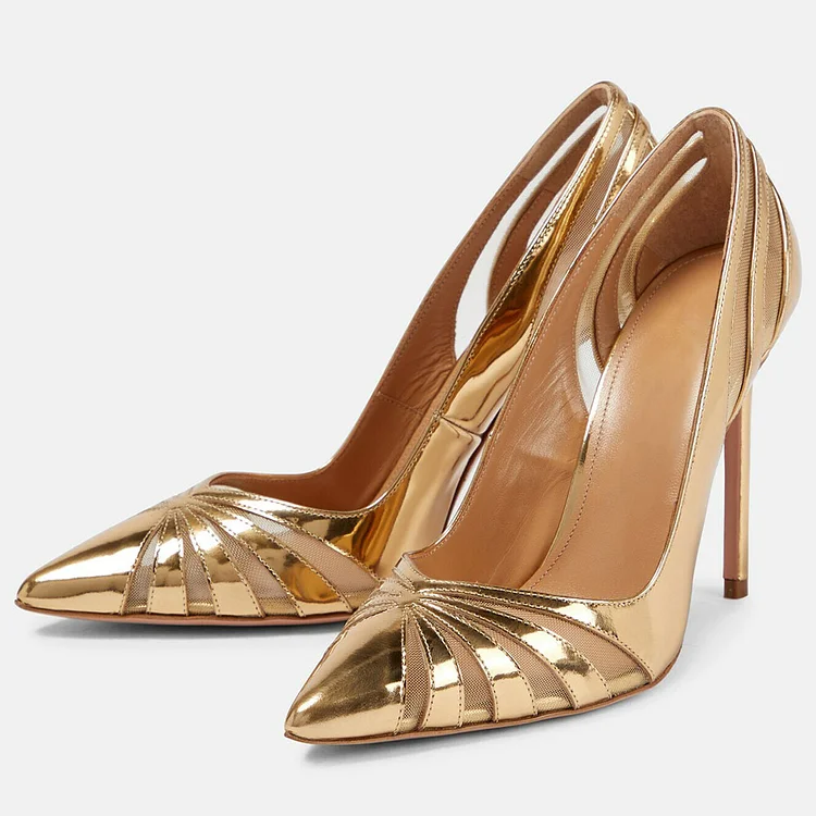 Gold Metallic Heels Pointed Toe Mesh Stripe Pumps Shoes for Women |FSJ Shoes