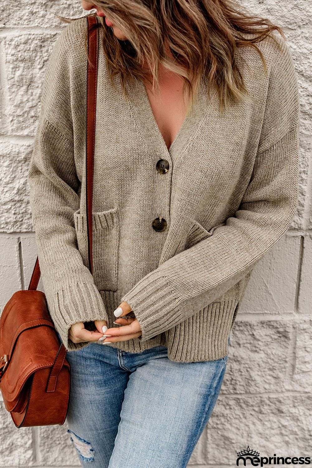 Ribbed Trim Button Down Cardigan with Pockets