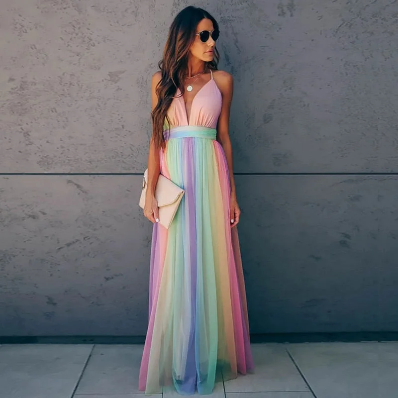Deep V-neck Rainbow Mesh  Dress Women High Waist Sling Dresses Beach Summer Clothes Women Dress Streetwear Vestidos0217