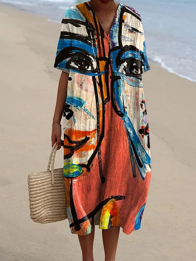 Women's Vintage Funny Abstract Figure Art Print Flowy Dress
