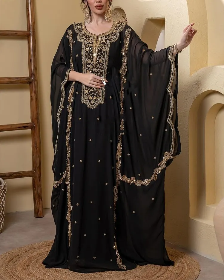 Women's Crew Neck Embroidered Kaftan Dress
