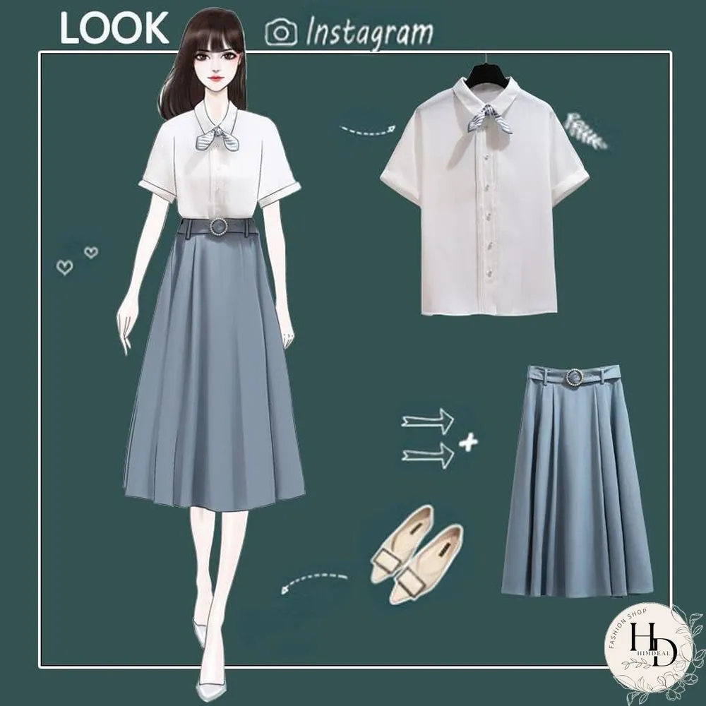 Sweet Chiffon Blouse+Belt Skirt P15751