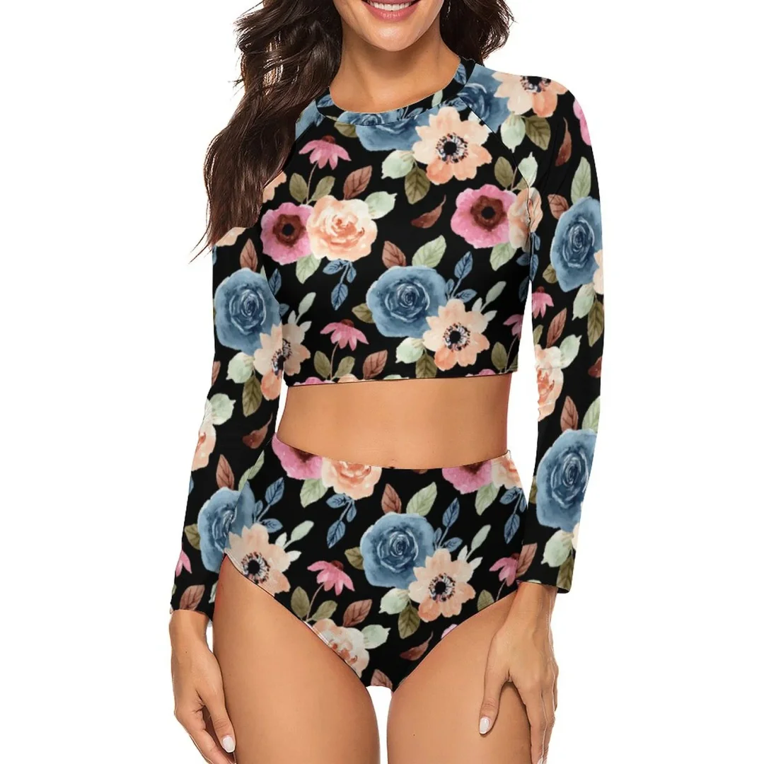 Floral Print Two-piece Swimsuit Women Long Sleeve Rash Guard Set Crop Top Surf Swimsuit with Bikini Briefs