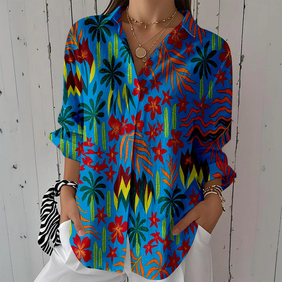 Style & Comfort for Mature Women Women Flowers, Blue, Red DZCL0368 3/4 Sleeve Shirt Collar Printed Button Tops
