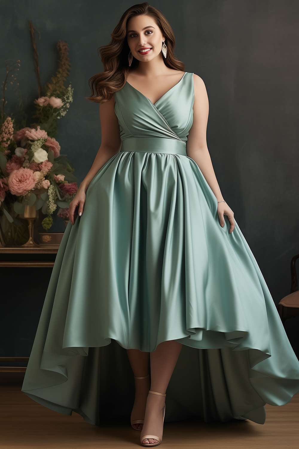 Flycurvy Plus Size Wedding Guest Sage Green Satin Wrap High Low Hem Maxi Dress