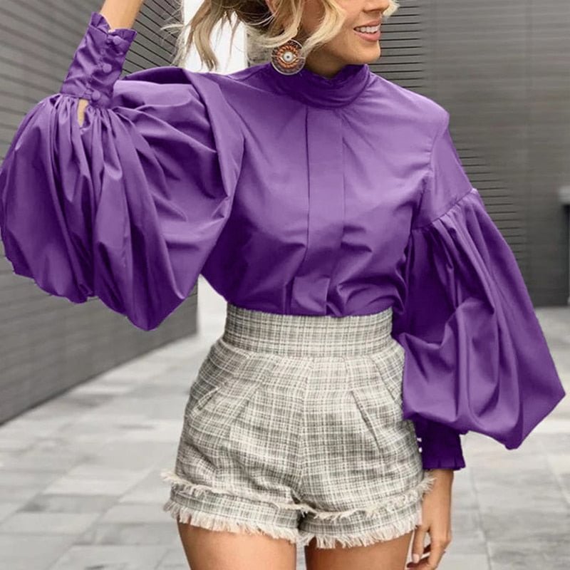 Celmia 2021 Fashion Women Big Lantern Sleeve Blouse Elegant Office Shirts Autumn Stand Collar Casual Solid Vintage Tops Blusas