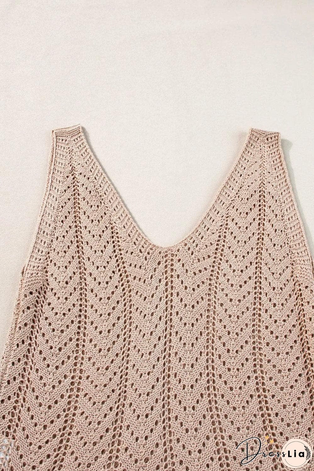 Pale Khaki Scalloped Hem V Neck Crochet Knit Vest
