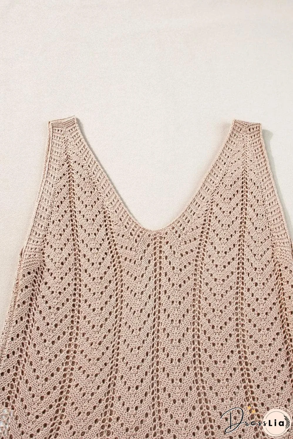 Pale Khaki Scalloped Hem V Neck Crochet Knit Vest