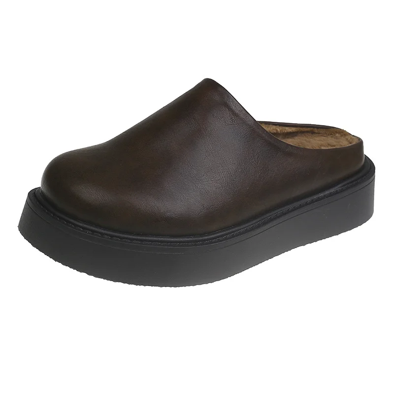 Yyvonne Thick Bottom Plus Velvet Bag Head Half Slippers Women 2025 Autumn And Winter New Fashion One-Legged Lazy Bunken Shoes