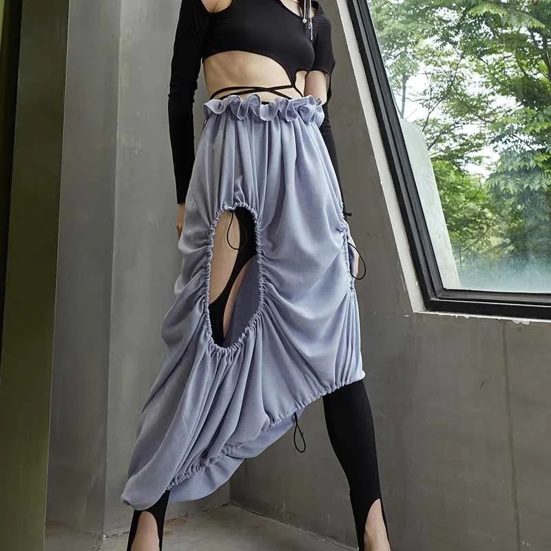 Oocharger Blue Hollow Out Asymmetrical Sexy Skirt For Women High Waist Solid Mid Skirts Female Summer Clothing 2023 New Style