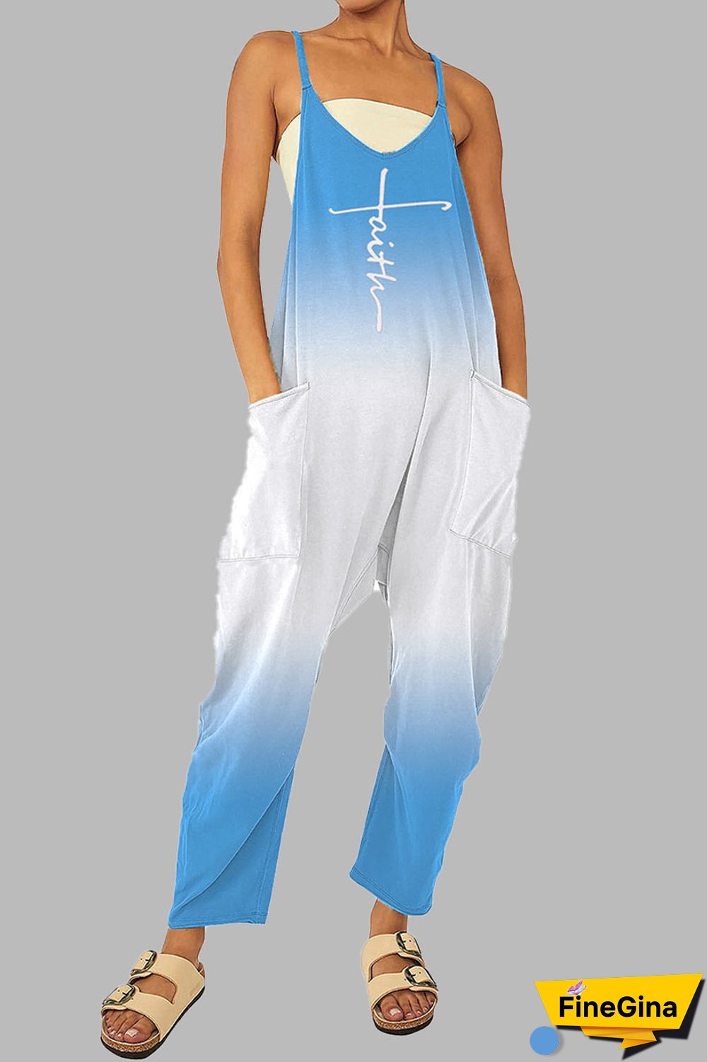 Black khaki Casual Gradual Change Print Patchwork Pocket Zipper Spaghetti Strap Loose Jumpsuits