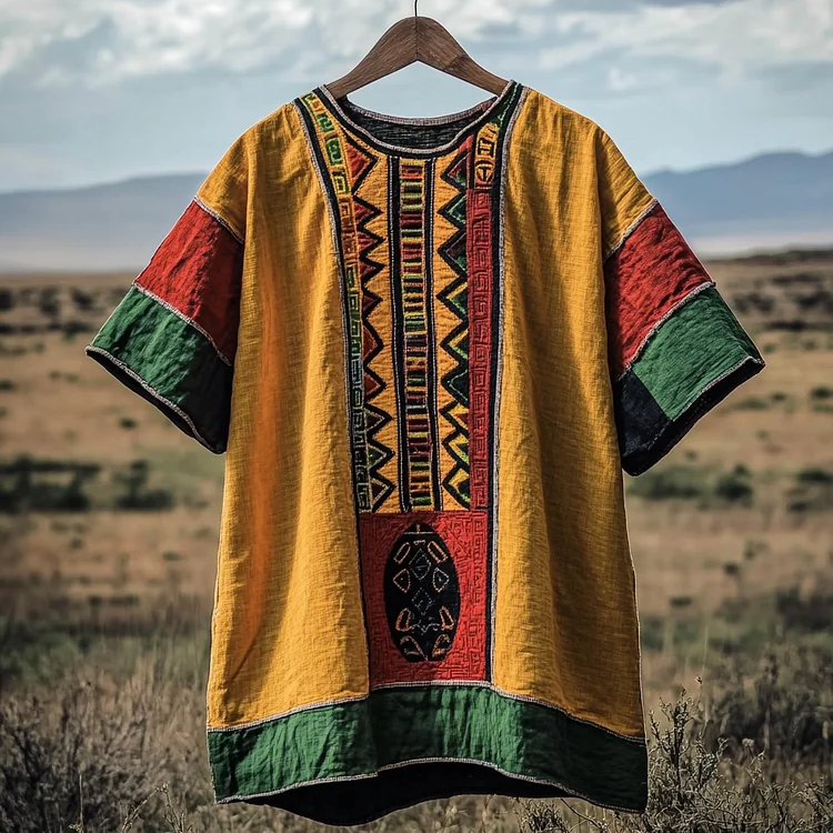 Men's Tribal Geometric Black Pride Juneteenth Art Print Linen T-shirt