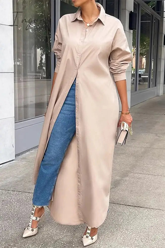 Ingvn - Casual Buttons Long Sleeve Shirt Dress Dresses(5 Colors) Khaki / S Dresses/Casual Dresses