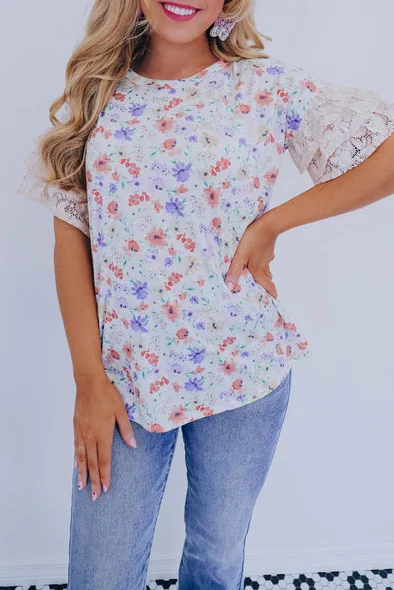 Spring floral print patchwork lace ruffle short-sleeved top