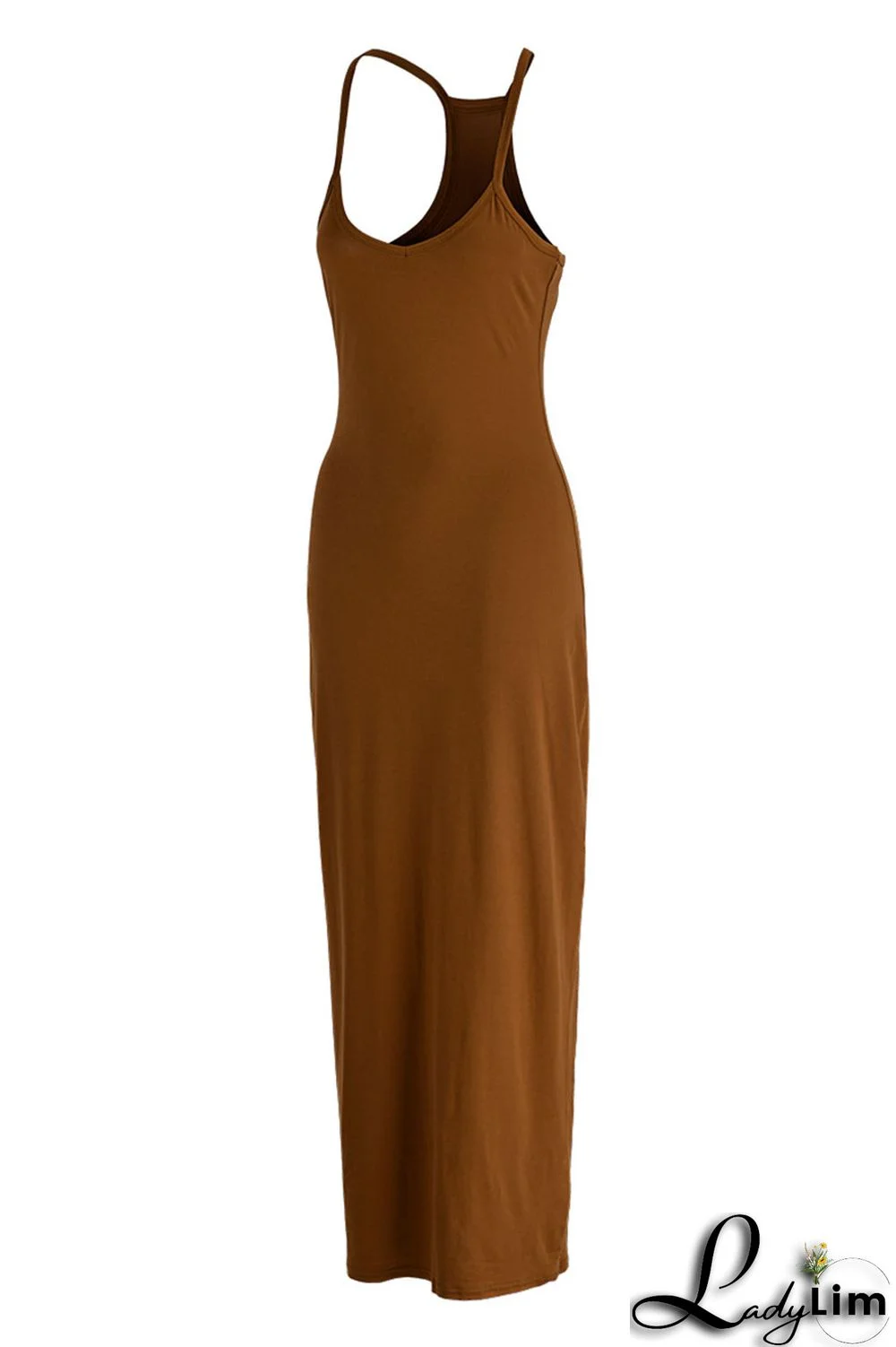 Brown Fashion Sexy Solid Backless Spaghetti Strap Long Dress