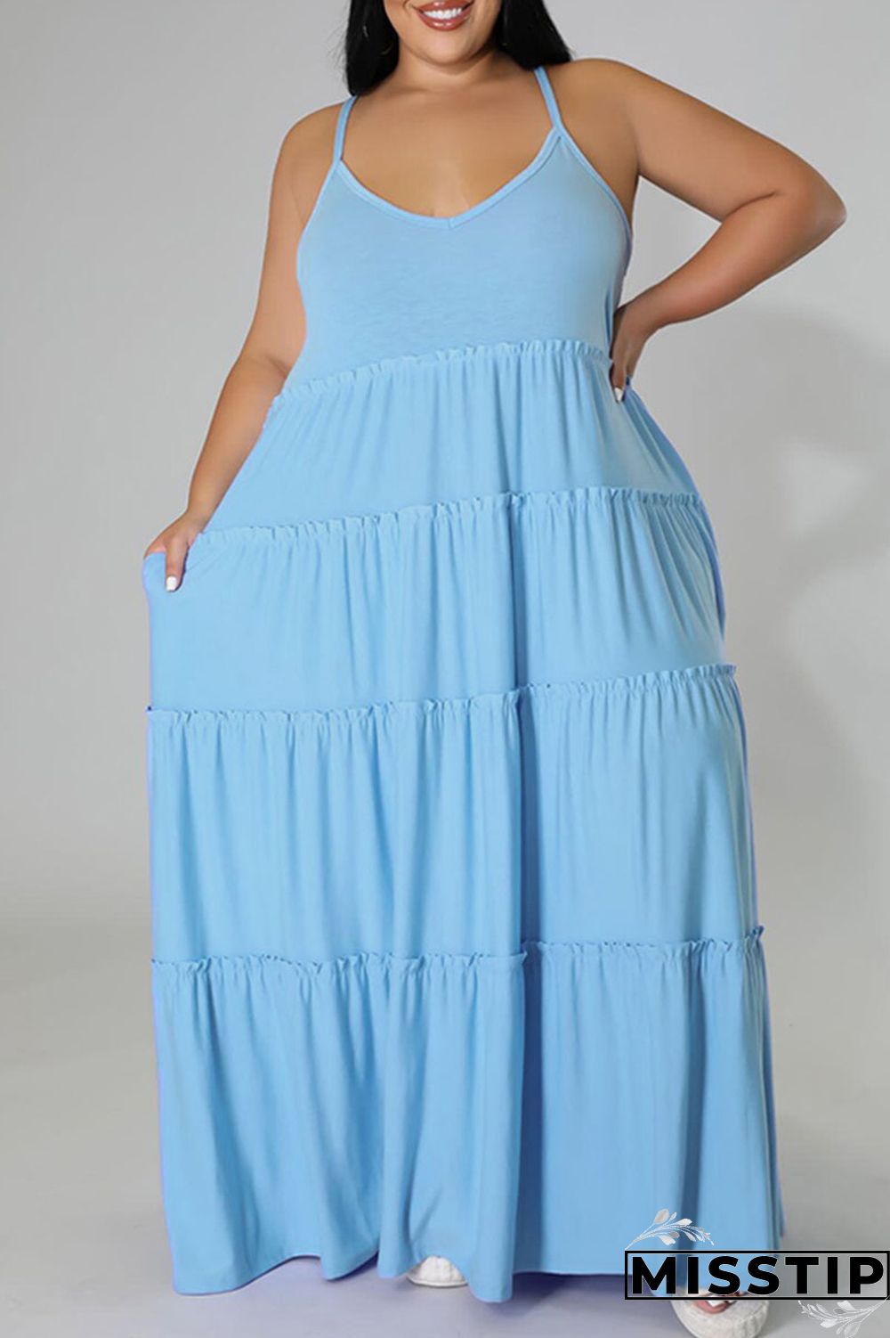 Blue Casual Solid Patchwork Spaghetti Strap Straight Plus Size Dresses