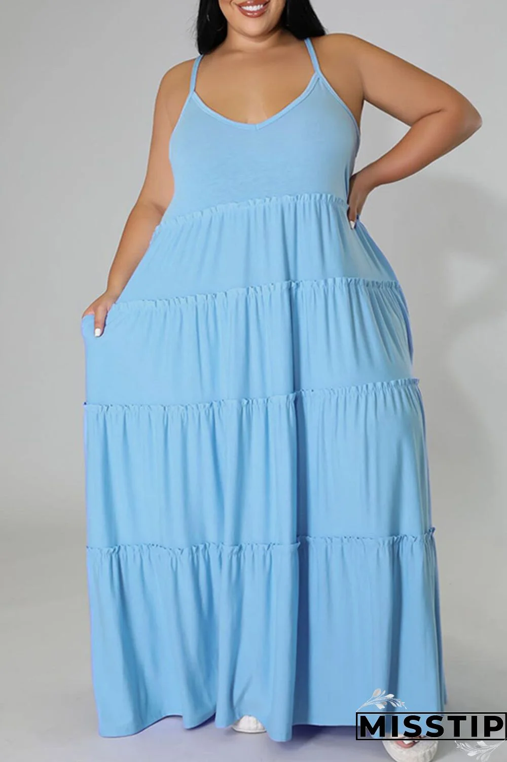 Blue Casual Solid Patchwork Spaghetti Strap Straight Plus Size Dresses