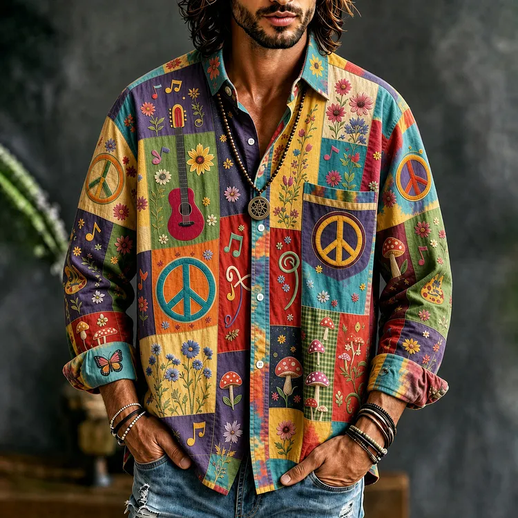 Men's Peace Sign And Guitar Hippie Patchwork Print Long Sleeves Shirt