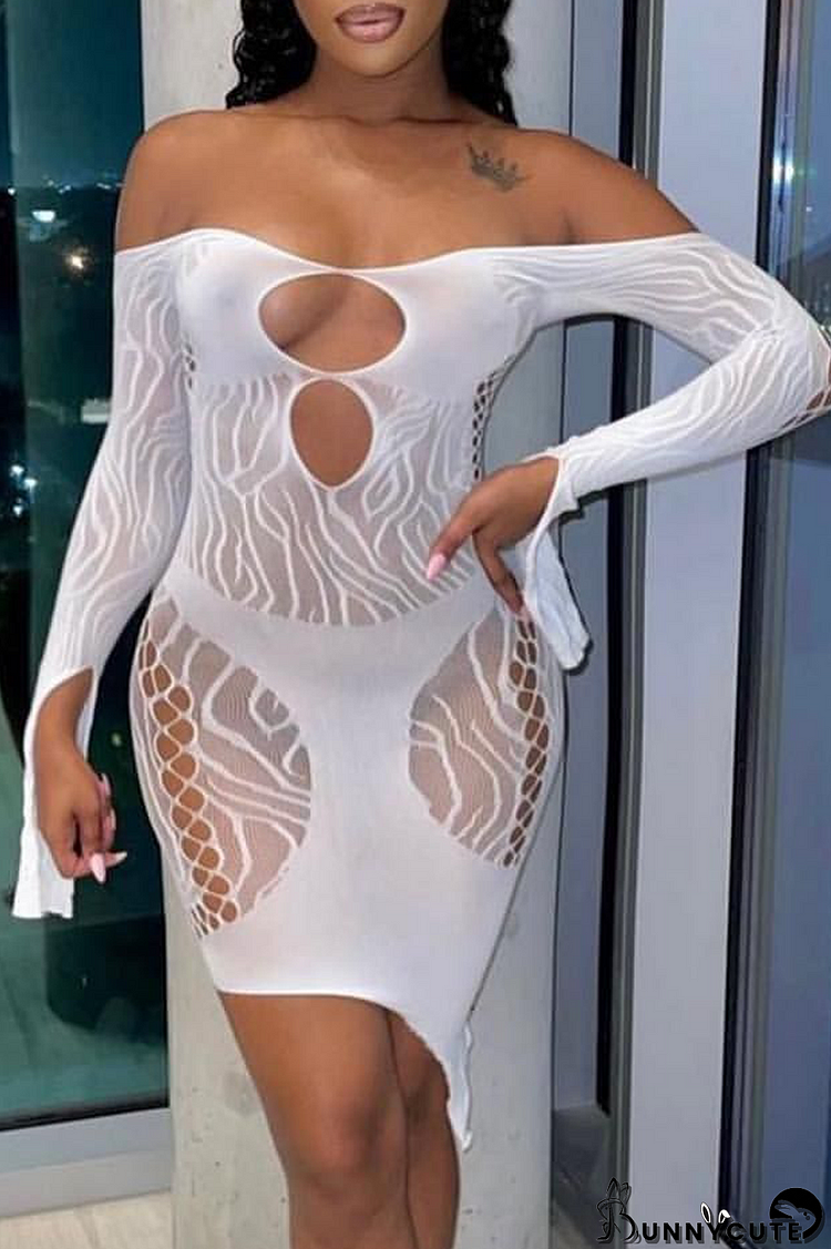 White Sexy Solid Lace Mesh Off the Shoulder Pencil Skirt Dresses