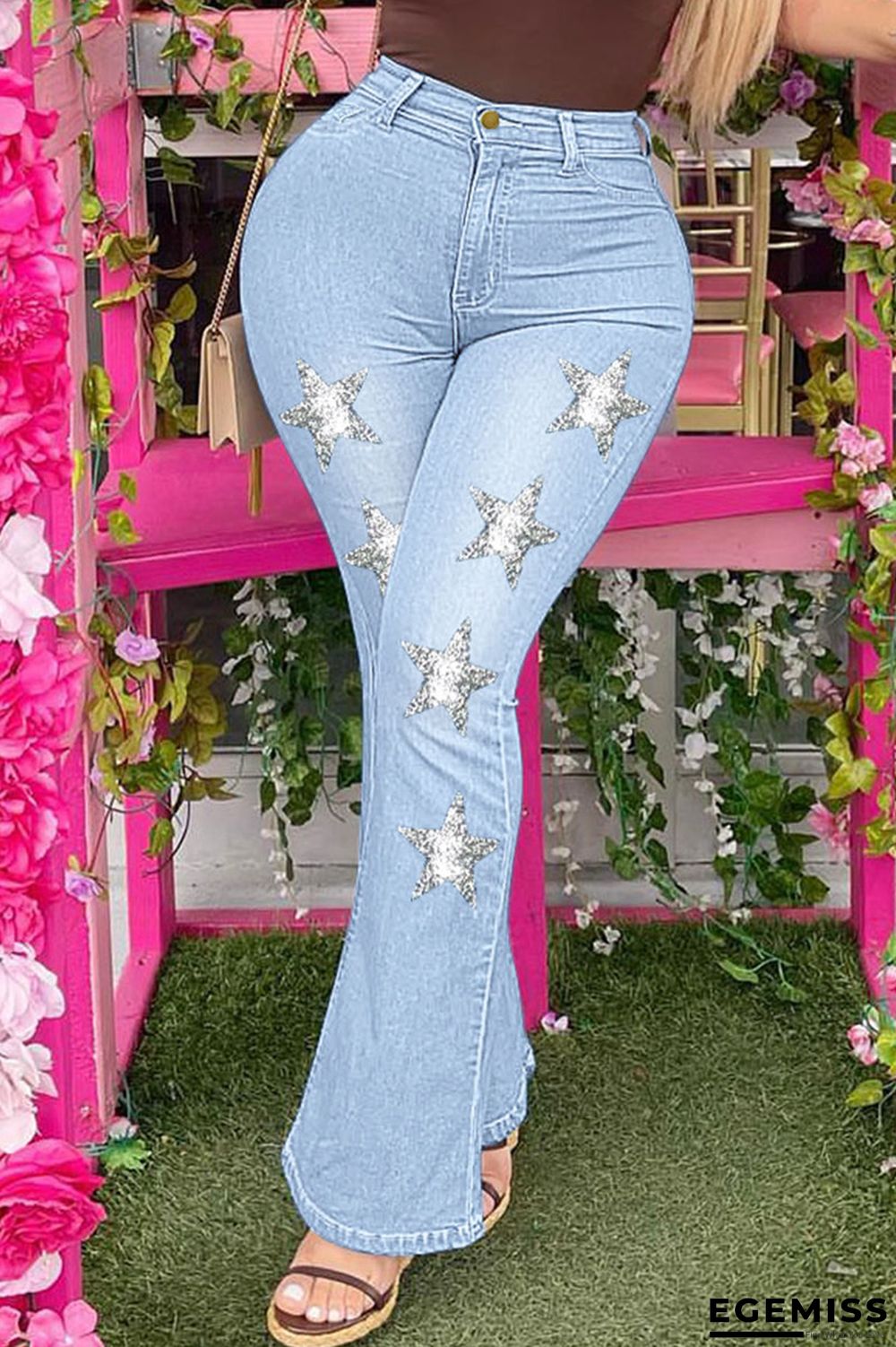 Baby Blue Casual Print Patchwork High Waist Denim Jeans | EGEMISS