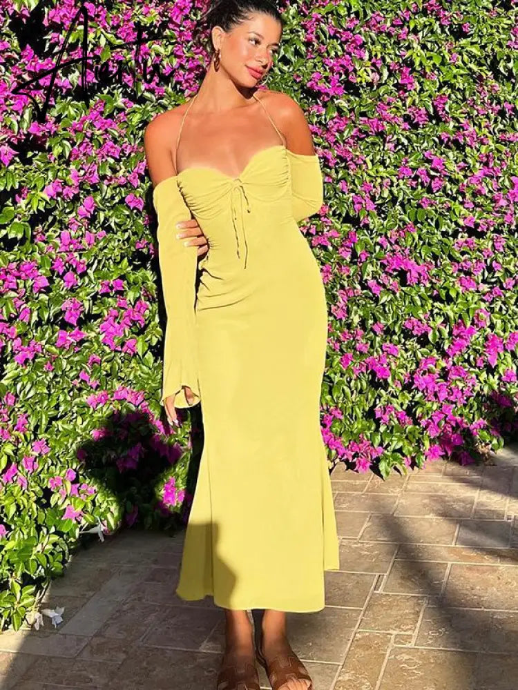 Aiertu  Elegant Halter Midi Dress for Women Summer Sexy Backless Club Party Green Mesh Sheer Dresses Gown Vestido Clothes Aiertu