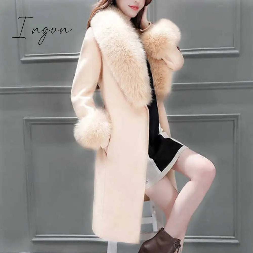 Ingvn - Fur Woolen Coat =New Women Knee Mid - Length Korean Fashion Big Collar Beautiful Cloak Red