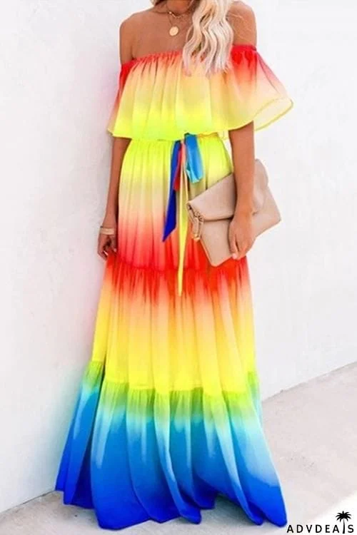 Gradient Off Shoulder Belted Maxi Dress