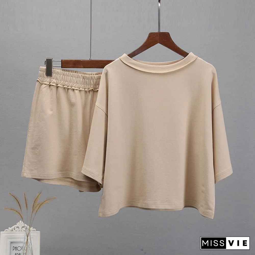Summer Cotton Sets Women Casual Two Pieces T Shirts and Elastic Waist Shorts Pants Loose Soft Tracksuit