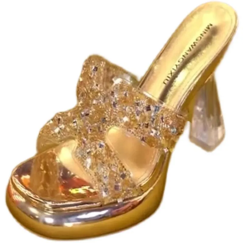 Breakj Breakj Korea's Small Thick-Bottomed One-Word Drag Woman Wearing Transparent Cool Slippers In The Summer Of 2025 Thick Heel High Heels