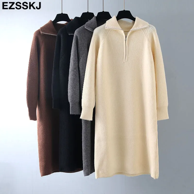 autumn winter warm Loose zipper thick sweater dress for women staight sweater dress women loose long dress Female chic dress