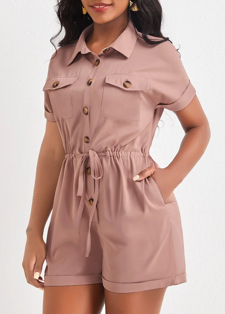 Light Camel Shirt Collar Button Romper