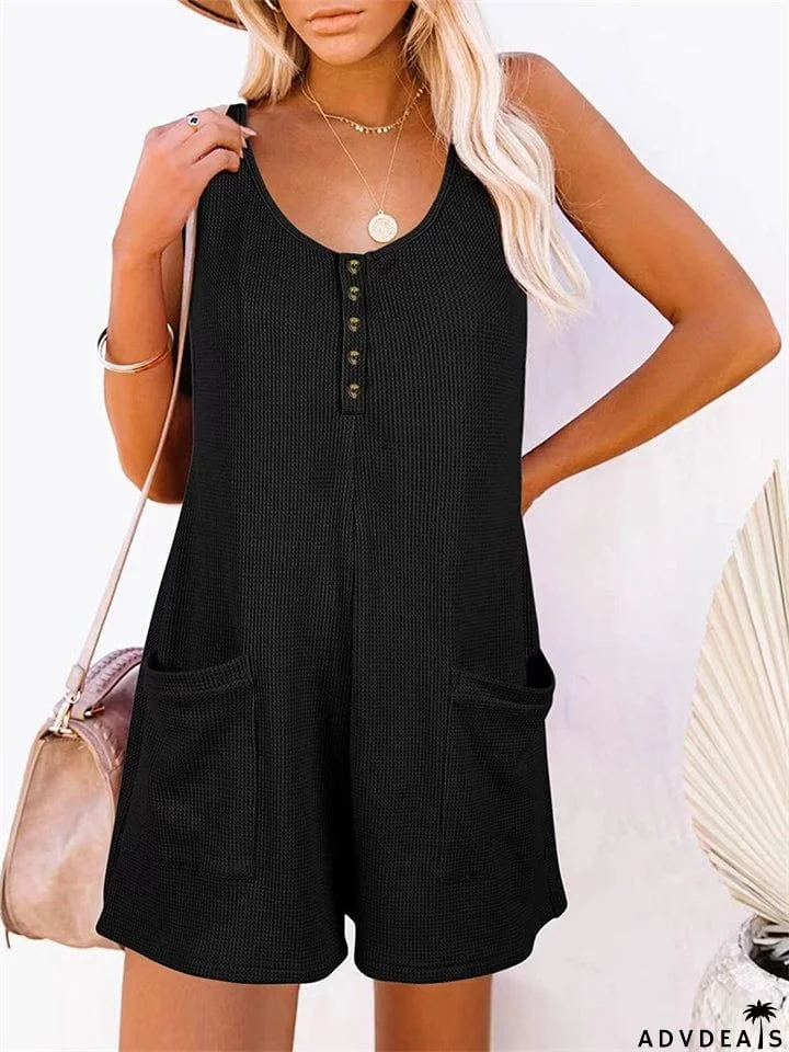 Women's Hot Summer Casual Button U Neck Sleeveless Vest Jumpsuit